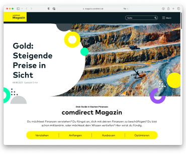 Ein Screenshot eines Online-Finanzartikels des comdirect Magazins. Die Überschrift lautet: "Gold, steigende Preise in Sicht".