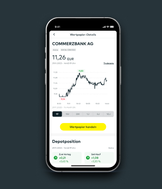 Ein Handyscreen mit der Detailanzeige der Commerzbank Aktie in der comdirect App.