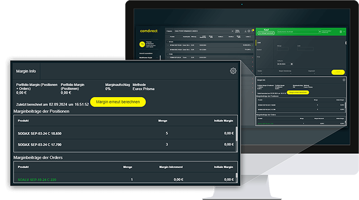 Auf einem Computerbildschirm ist das Margin-Widget des browserbasierten O&F-Traders zu sehen.