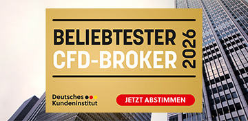 Das Deutsche Kreditinstitut ruft zur Abstimmung f&uuml;r den beliebtesten CFD-Broker 2026 auf. Im Hintergrund sieht man Banken-Hochh&auml;user.
