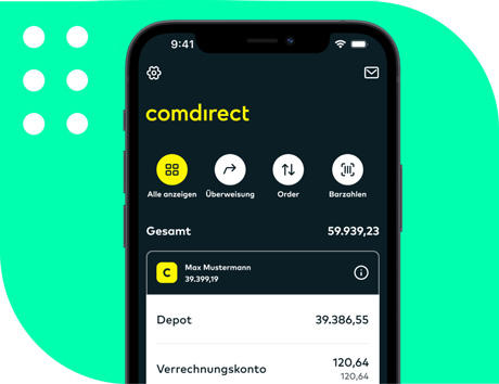 Es ist ein Handyscreen mit der Startseite der comdirect App zu sehen.