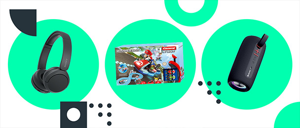 Abbildungen des SONY Bluetooth-Kopfh&ouml;rers, des CARRERA Mario Kart Rennbahn-Sets und des DENVER Bluetooth-Lautsprechers