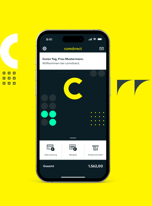 comdirect App: Auf einem Smartphone wird der Willkommens-Screen angezeigt.