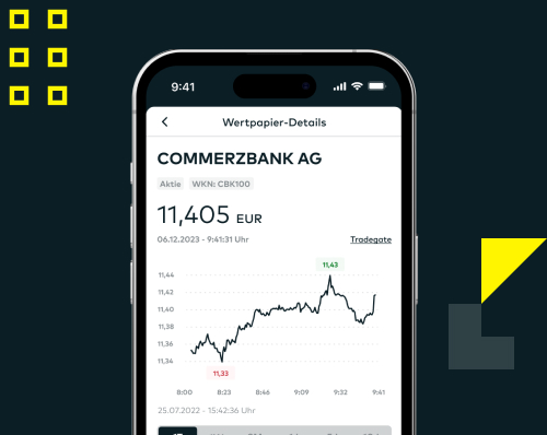 comdirect App: Auf einem Smartphone wird der Kursverlauf der Commerzbank-Aktie angezeigt.