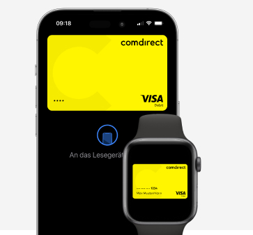 comdirect App: Auf einem Smartphone und einer Smartwatch ist eine Visa-Debitkarte für das mobile Bezahlen hinterlegt.