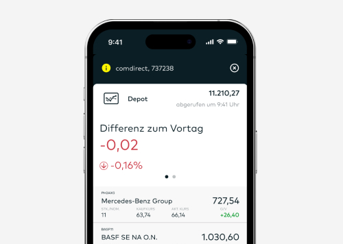 comdirect App: Auf einem Smartphone werden der aktuelle Wert des Depots sowie die Differenz zum Vortag angezeigt. Darunter befindet sich eine Liste der im Depot enthaltenen Wertpapiere.