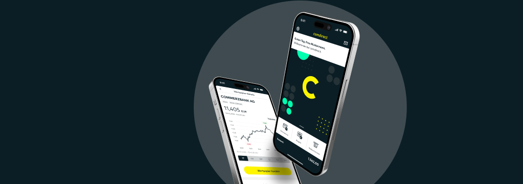 Auf einem Smartphone ist die Startseite der comdirect App zu sehen. Auf einem zweiten Smartphone wird der Kursverlauf der Commerzbank-Aktie angezeigt.