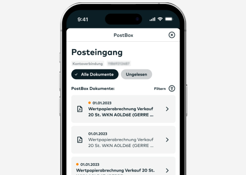 comdirect App: Auf einem Smartphone wird der Posteingang (Postbox) mit einer ungelesenen und einer gelesenen Nachricht angezeigt.