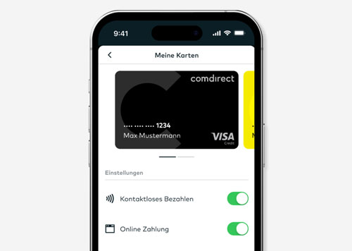 comdirect App: Auf einem Smartphone wird die Kartenverwaltung angezeigt. Die Schieberegler bei 'Kontaktloses Bezahlen' und 'Online Zahlung' sind eingeschaltet.