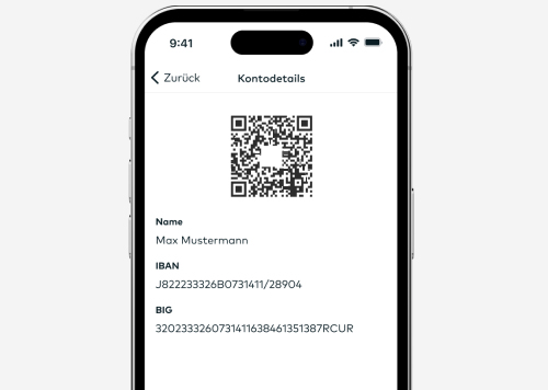 comdirect App: Auf einem Smartphone werden ein QR-Code und die zugehörigen Kontodaten angezeigt.