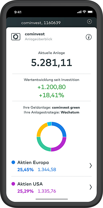 Geldanlage immer im Blick: Smartphone Bildschirm zeigt die Anlageübersicht in der App. 