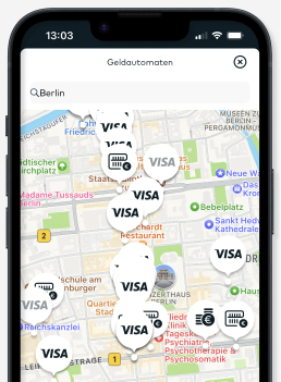 Ein Handyscreen einer Karte von Berlin mit der Angabe, wo sich Geldautomaten befinden.