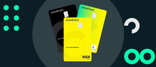 Die comdirect Visa-Debitkarte, Visa-Kreditkarte und girocard auf dunklem Hintergrund.