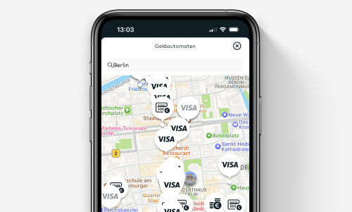 Ein Handyscreen einer Karte von Berlin mit der Angabe, wo sich Geldautomaten befinden.
