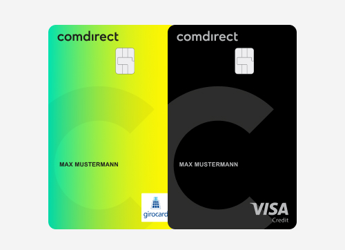 Die gelb-grüne girocard (Debitkarte) und rechts daneben die schwarze Visa-Kreditkarte.