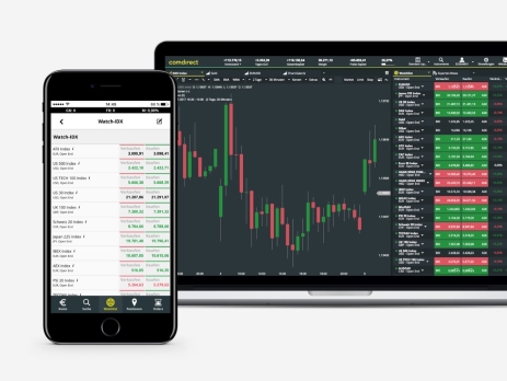 Verschiedene Handelsplattformen: Bildschirme von Laptop und Handy mit CFD Trader und CFD App.