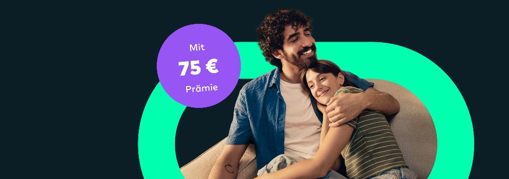 Ein Mann legt liebevoll den Arm um seine Partnerin. In einem Kreis steht Mit 75 Euro Pr&auml;mie.