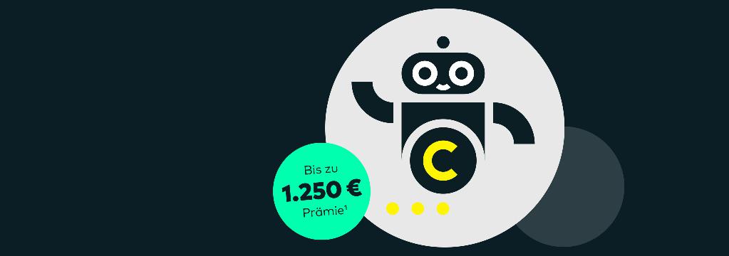 Ein stilisierter Roboter winkt fröhlich. Sein Bauch besteht aus einem Kreis mit einem 'c' wie comdirect. Links unten befindet sich ein grüner Störer mit dem Text: "Bis zu 1.250 Euro Prämie".