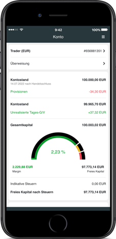 comdirect CFD App: Auf einem Smartphone wird die Kontoübersicht angezeigt. Dazu gehören folgende Informationen: Kontostand, Provisionen, Gesamtkapital, Steuern und freies Kapital.