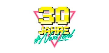 8-Bit-Grafik mit dem Text '30 Jahre Next Level' in Anlehnung an den 30-jährigen Geburtstag von comdirect.