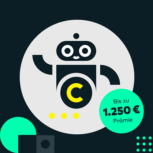 Ein stilisierter Roboter winkt fr&ouml;hlich. Sein Bauch besteht aus einem Kreis mit einem 'c' wie comdirect.