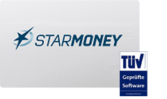 Das Logo von Starmoney ist zu sehen, es wird mit dem TÜV Siegel für geprüfte Sicherheit ergänzt.