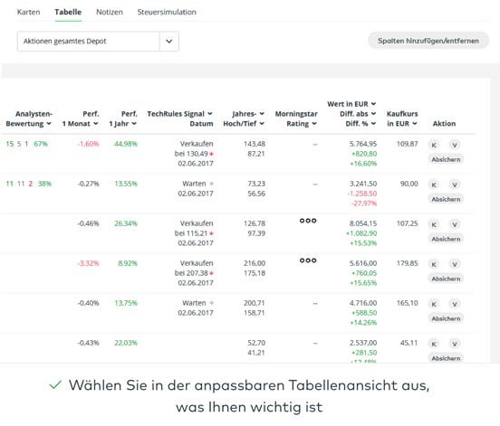 Beispielhafte Darstellung der anpassbaren Tabellenansicht