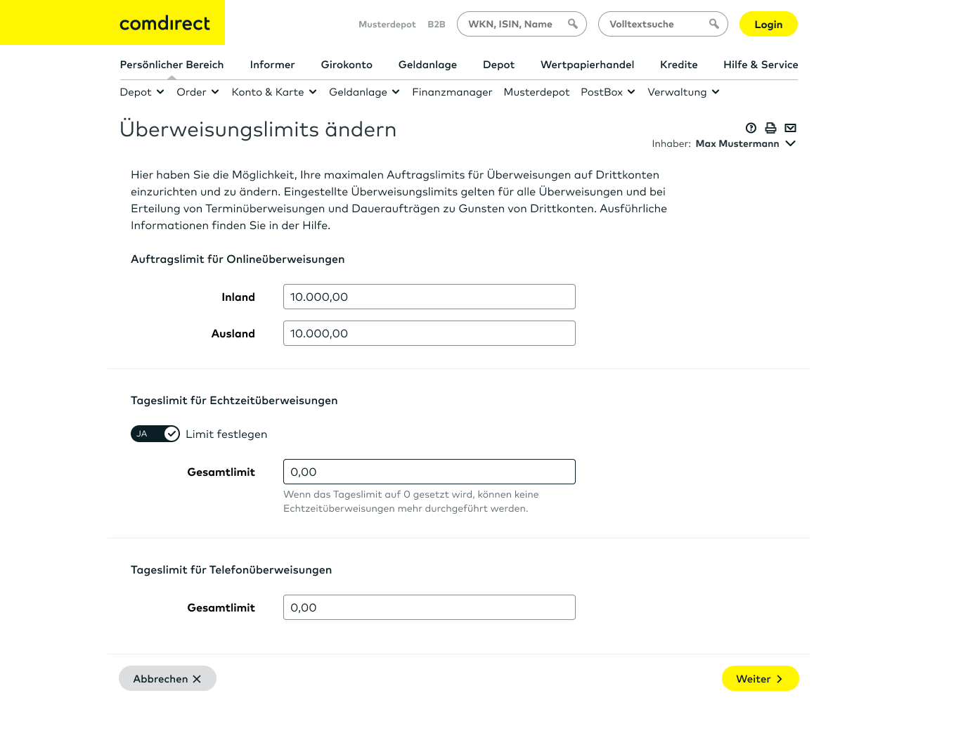 Der Screenshot zeigt, wie man im Persönlichen Bereich das Überweisungslimit ändert.