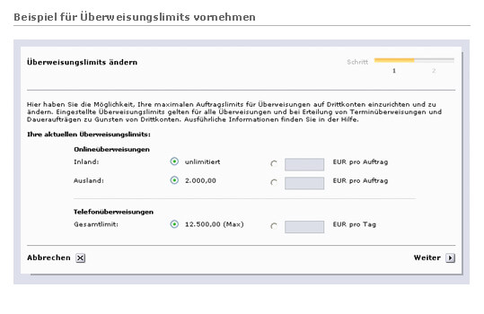 Der Screenshot zeigt, wie man im Persönlichen Bereich das Überweisungslimit ändert.