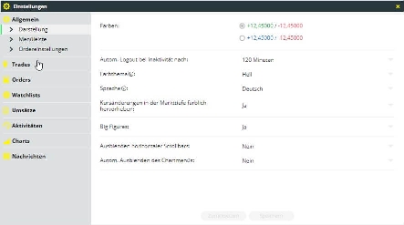 CFD Trader: In den Einstellungen können beispielsweise die Schriftfarben von Gewinnen und Verlusten festgelegt werden.