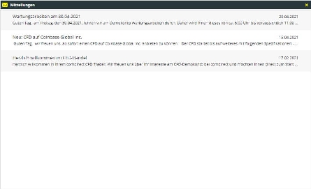 CFD Trader: In den Mitteilungen werden Nachrichten von comdirect angezeigt, beispielsweise über Wartungsarbeiten oder neue CFDs.